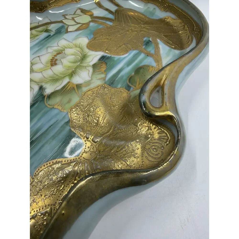 Antique Nippon Hand Painted Water Lily Gold Gilt Moriage Large Trinket Dish